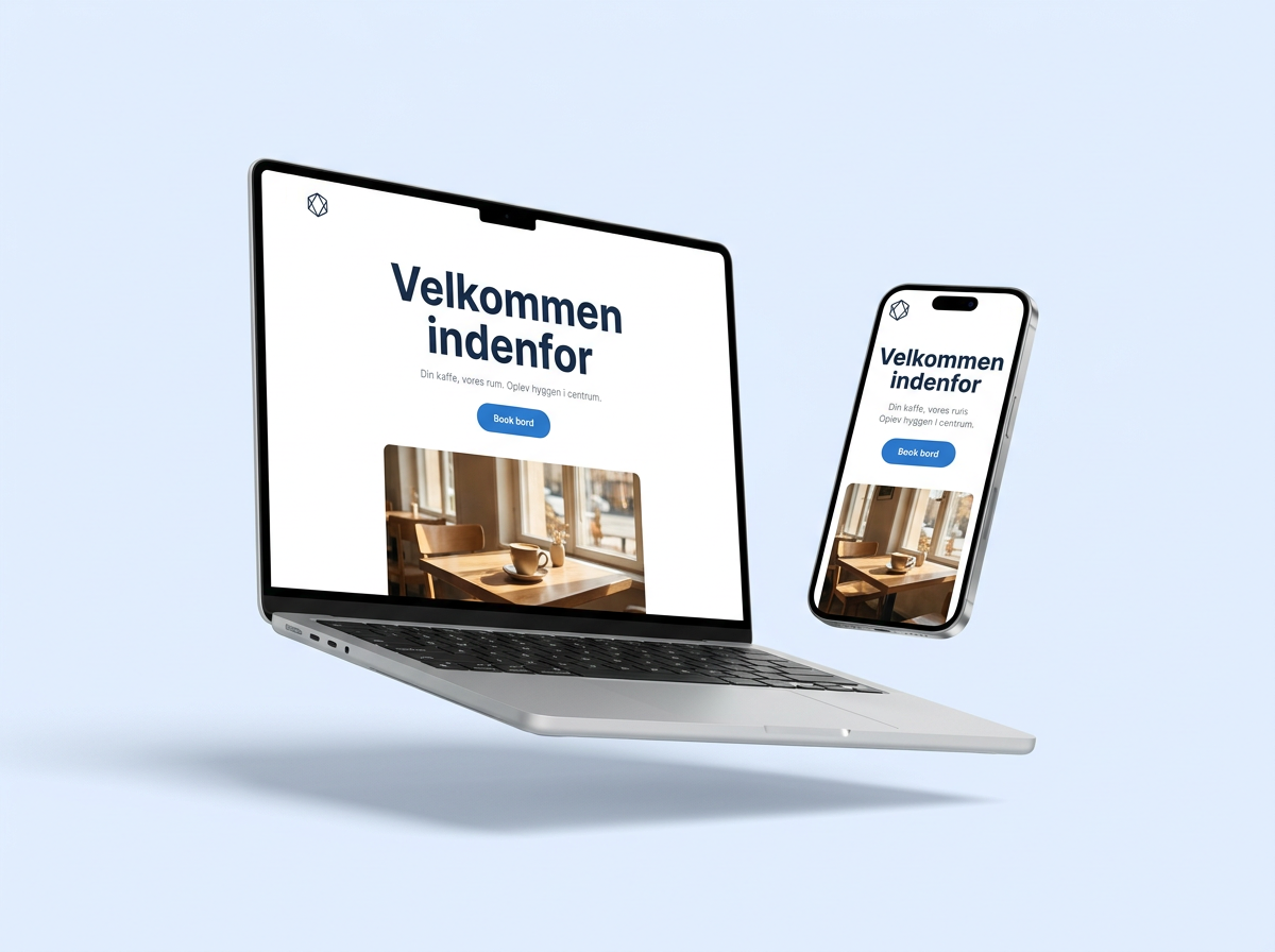 Et hjemmesidedesign vist på laptop og mobil