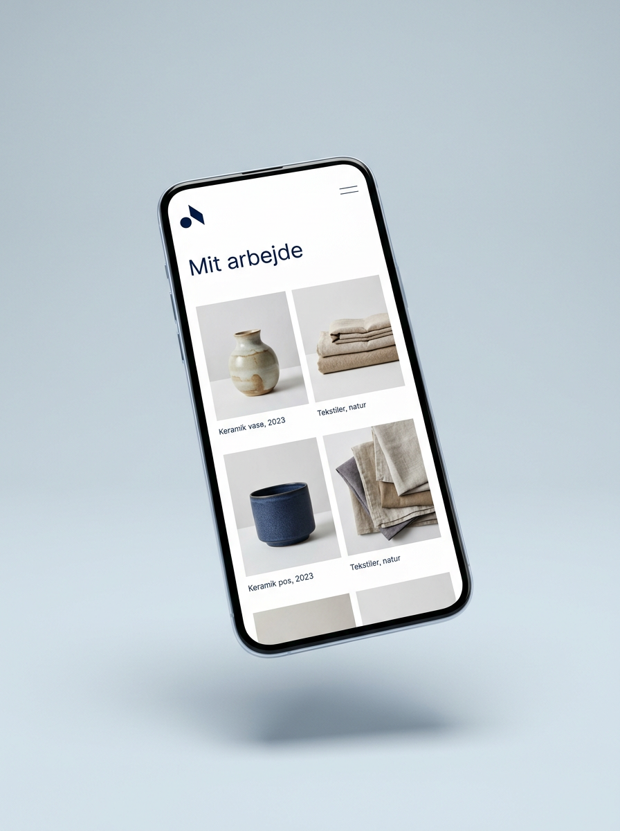 Eksempel på en galleri- og portfolio-hjemmeside vist på mobil